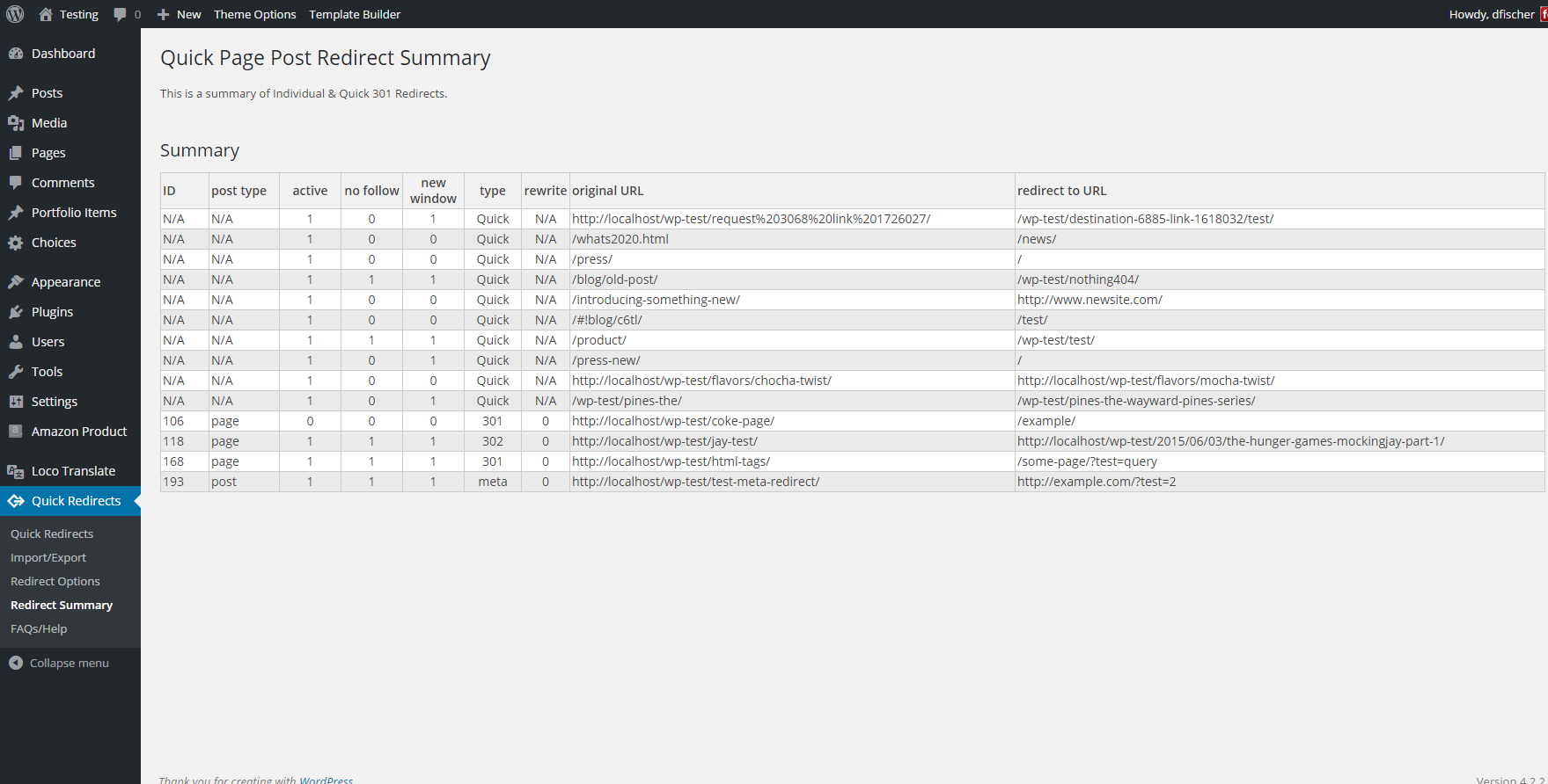 Summary of redirects plugin page.