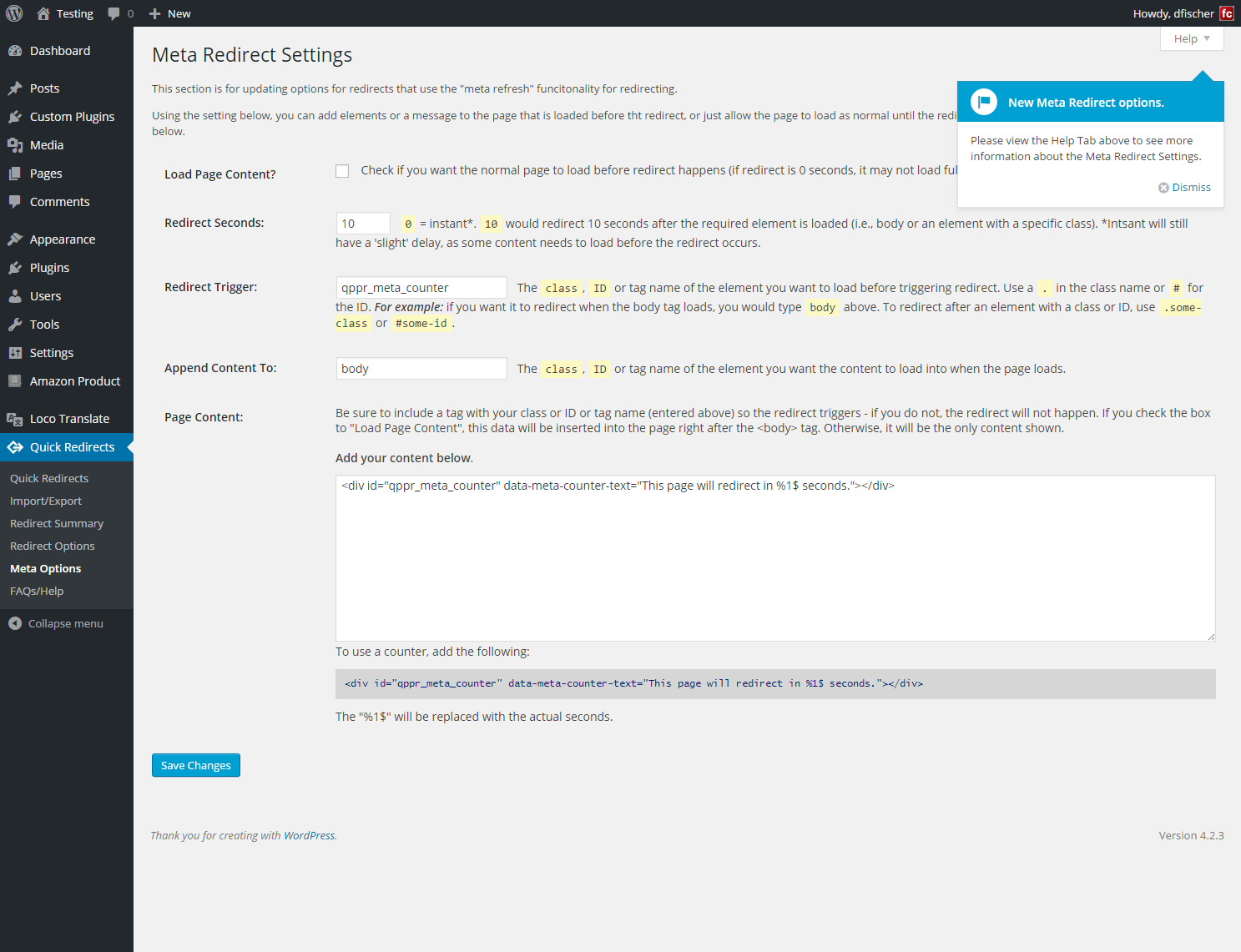 Meta Redirect Options Page.