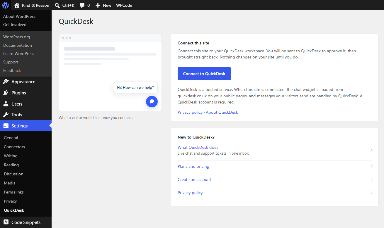 Settings → QuickDesk before connecting: one button, and what the connection involves.