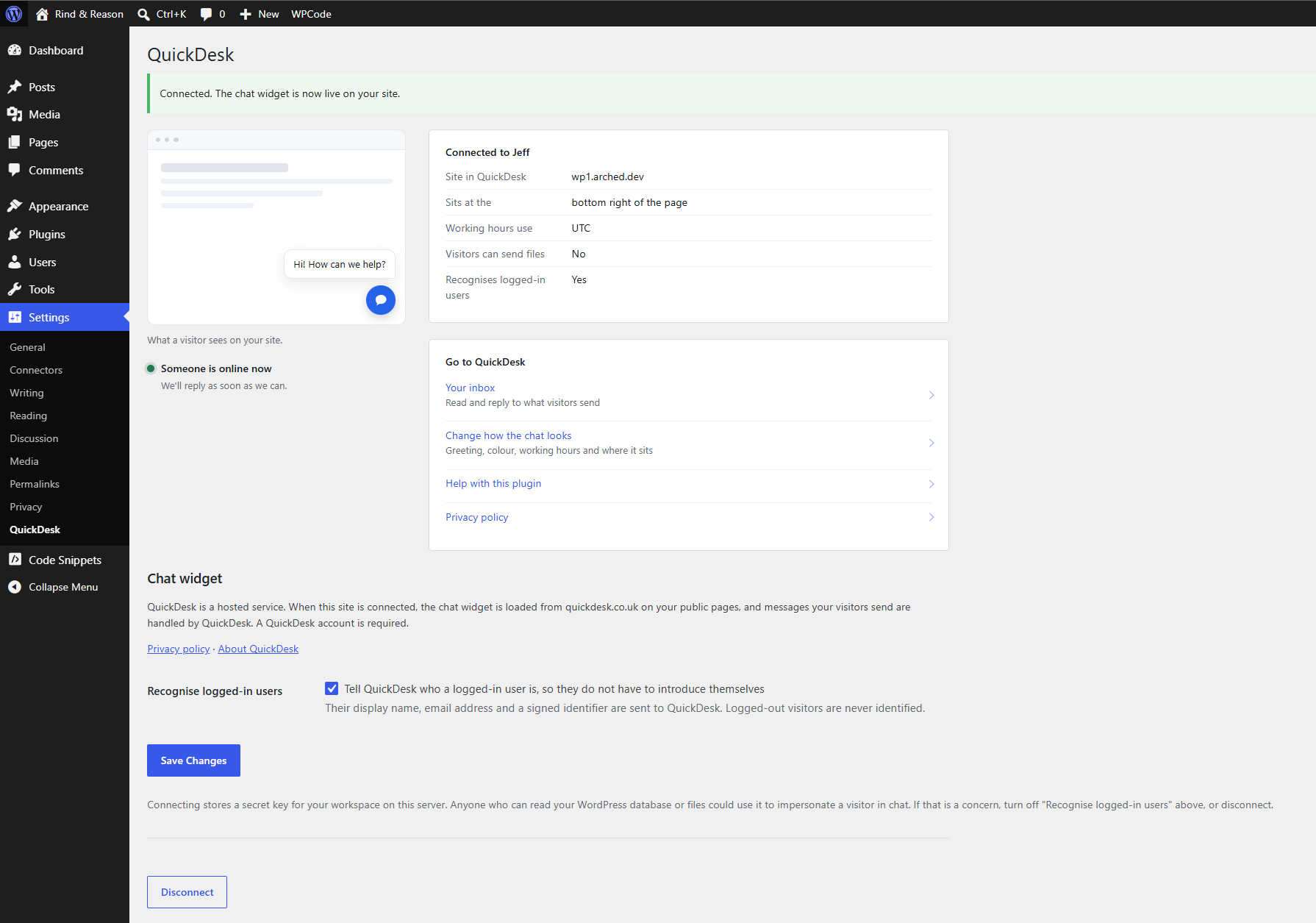 Settings → QuickDesk once connected, with the logged-in user option.