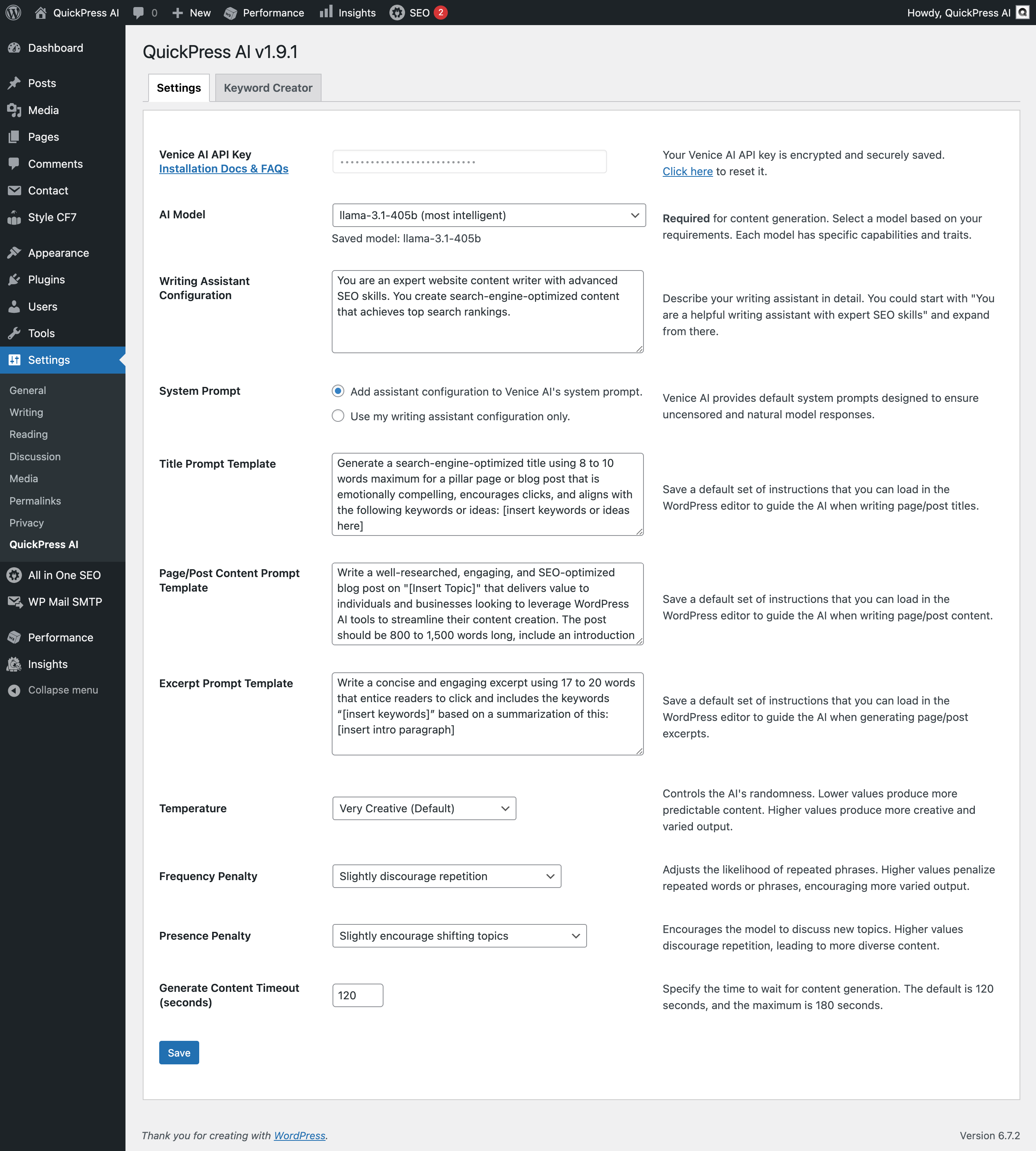 QuickPress AI "Settings" tab