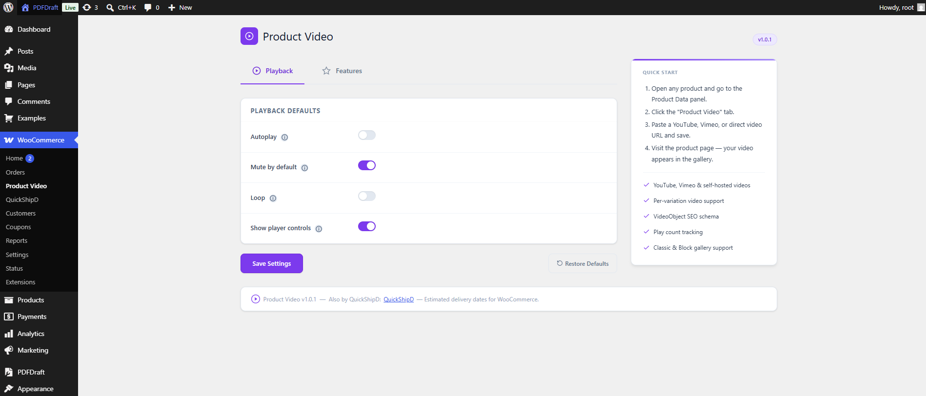 QuickShipD Product Video — YouTube, Vimeo &amp; Self-Hosted WooCommerce Gallery Videos, SEO Schema, Variations, Thumbnails &amp; Play Tracking