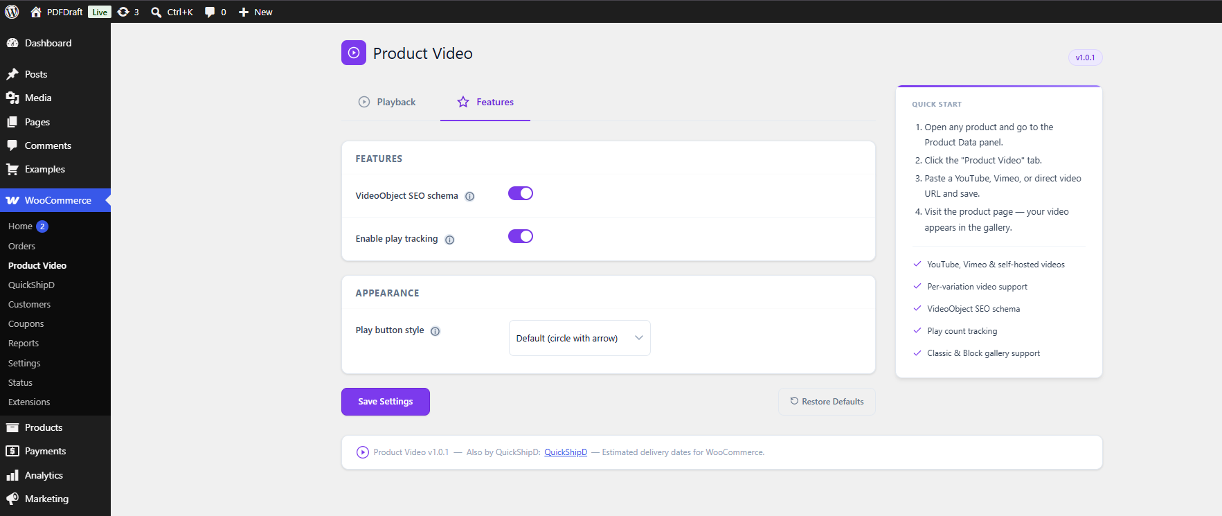 QuickShipD Product Video — YouTube, Vimeo &amp; Self-Hosted WooCommerce Gallery Videos, SEO Schema, Variations, Thumbnails &amp; Play Tracking