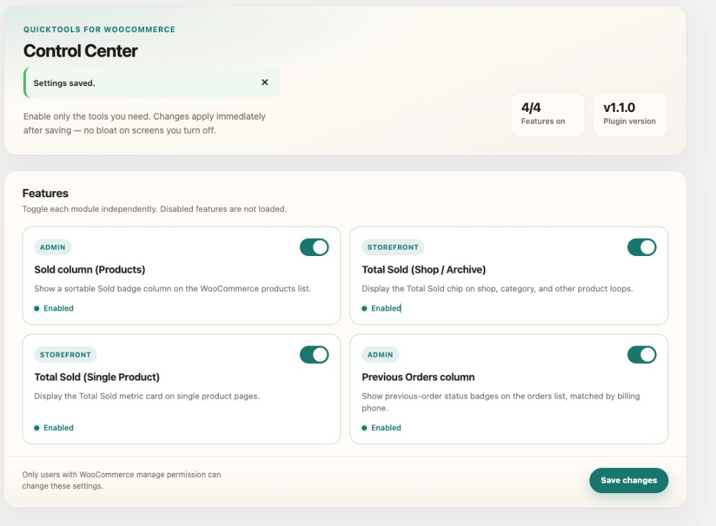 Control Center β enable or disable each QuickTools feature from WooCommerce β QuickTools.