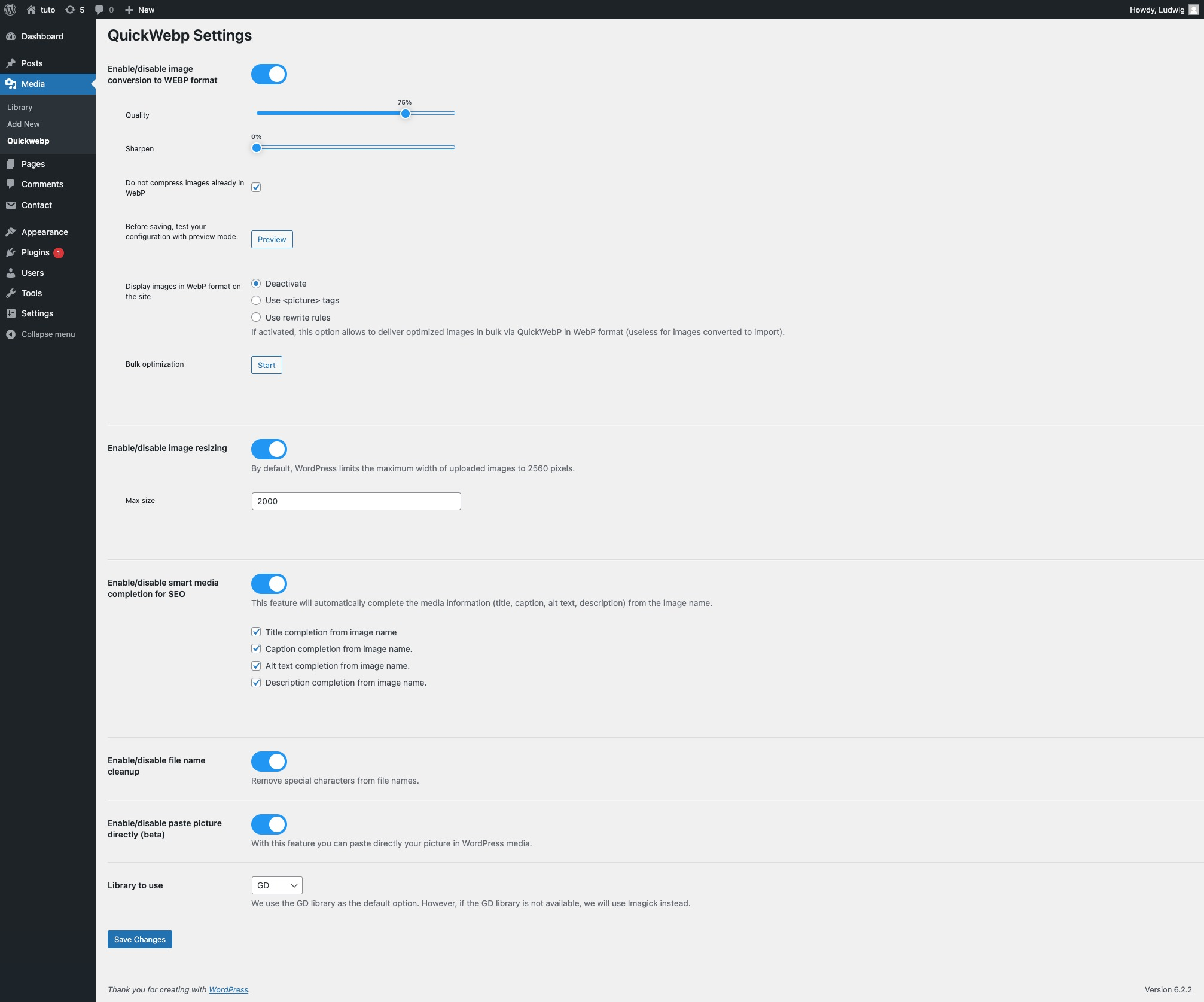 Settings page of QuickWebP