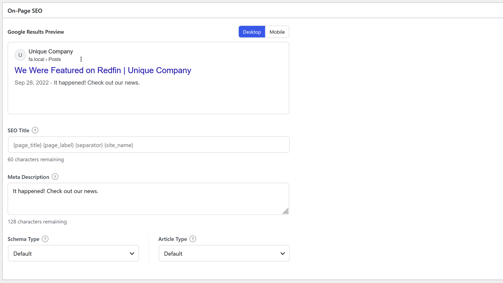 The page SEO panel shows the search preview, SEO title template, meta description, schema, and search appearance controls.