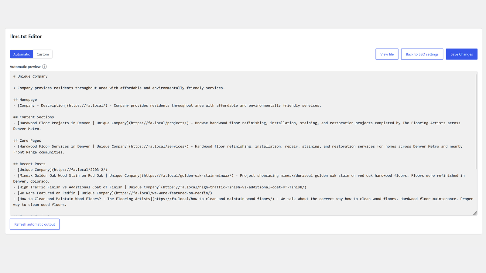 The /llms.txt editor shows Automatic mode, AI search visibility discovery content, refresh, view, and save actions.
