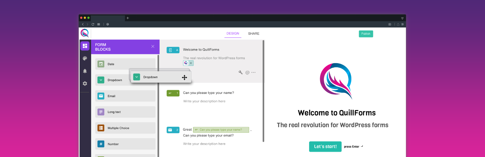 WordPress 外掛 Quill Forms | The Best Typeform Alternative | Create Conversational Multi Step Form, Survey, Quiz, Cost Estimation or Donation Form on WordPress 的封面圖片。