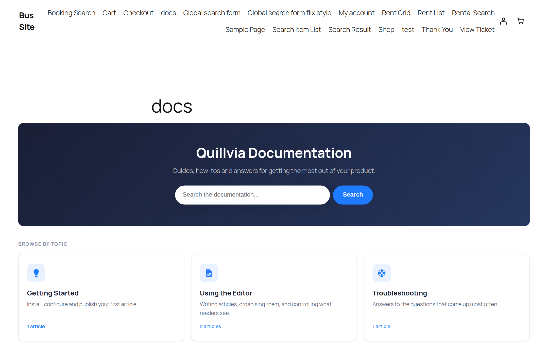 The knowledge base landing page with categories and featured articles.