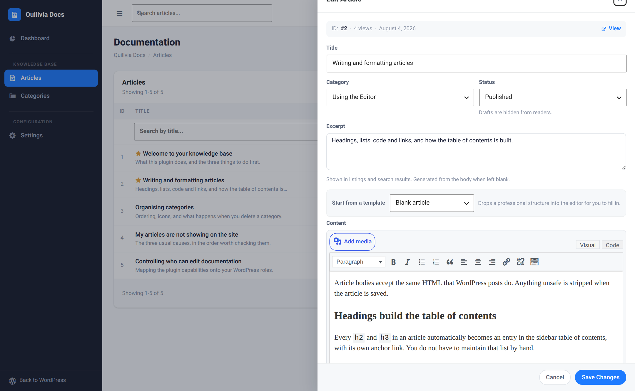 The full-screen admin article editor with the rich-text toolbar and template picker.