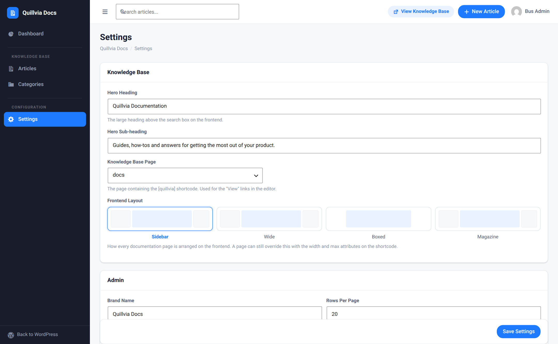 Layout presets and knowledge base page settings.