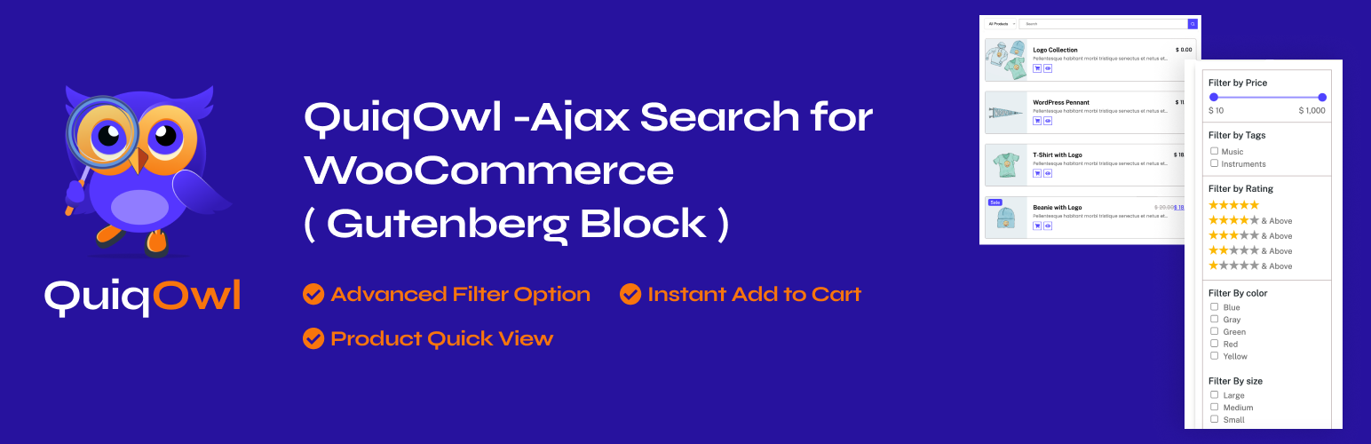 WordPress 外掛 Ajax Search for WooCommerce, Product Search Gutenberg Block for WooCommerce – QuiqOwl 的封面圖片。