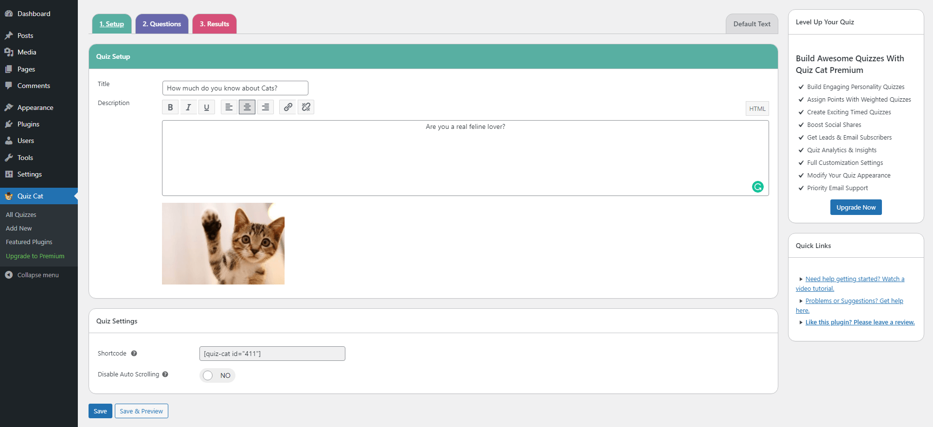 The Quiz Cat user interface