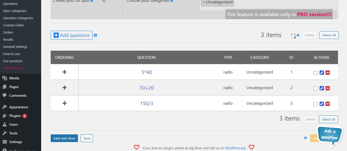 WordPress Quiz Plugin - dashboard edit quiz
