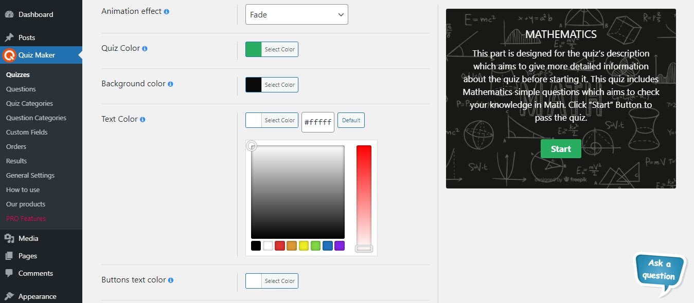 WordPress Quiz Plugin - dashboard quiz settings page