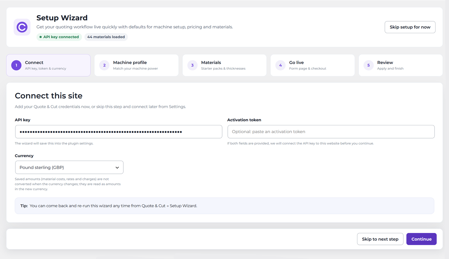 Guided setup wizard for connecting Quote & Cut and choosing store currency.