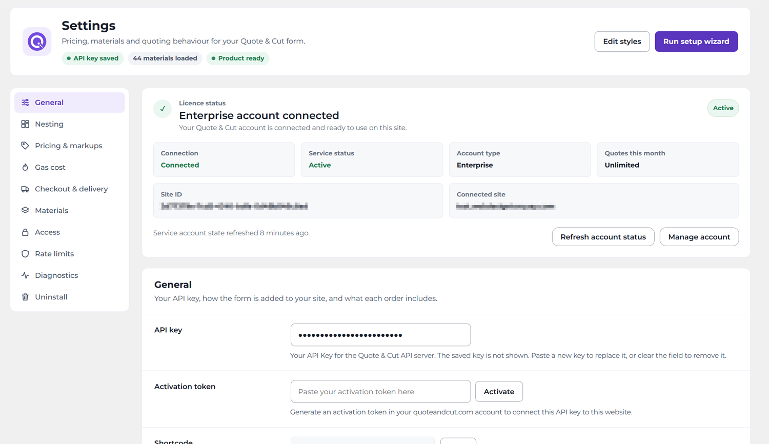 Settings screen showing account status, API setup and shortcode.
