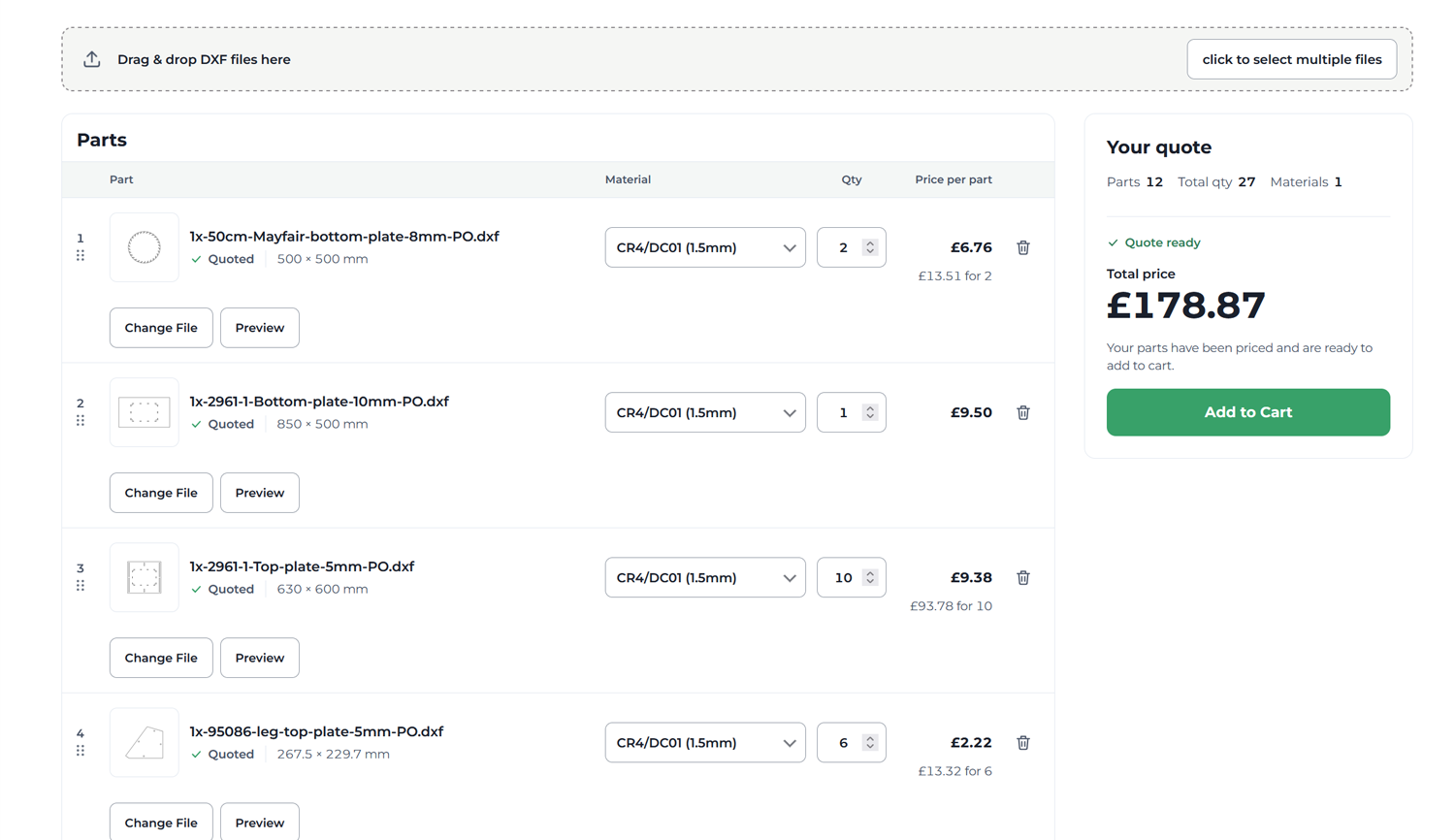 Customer quote builder showing multiple DXF uploads, material and quantity selections, calculated prices and Add to Cart.