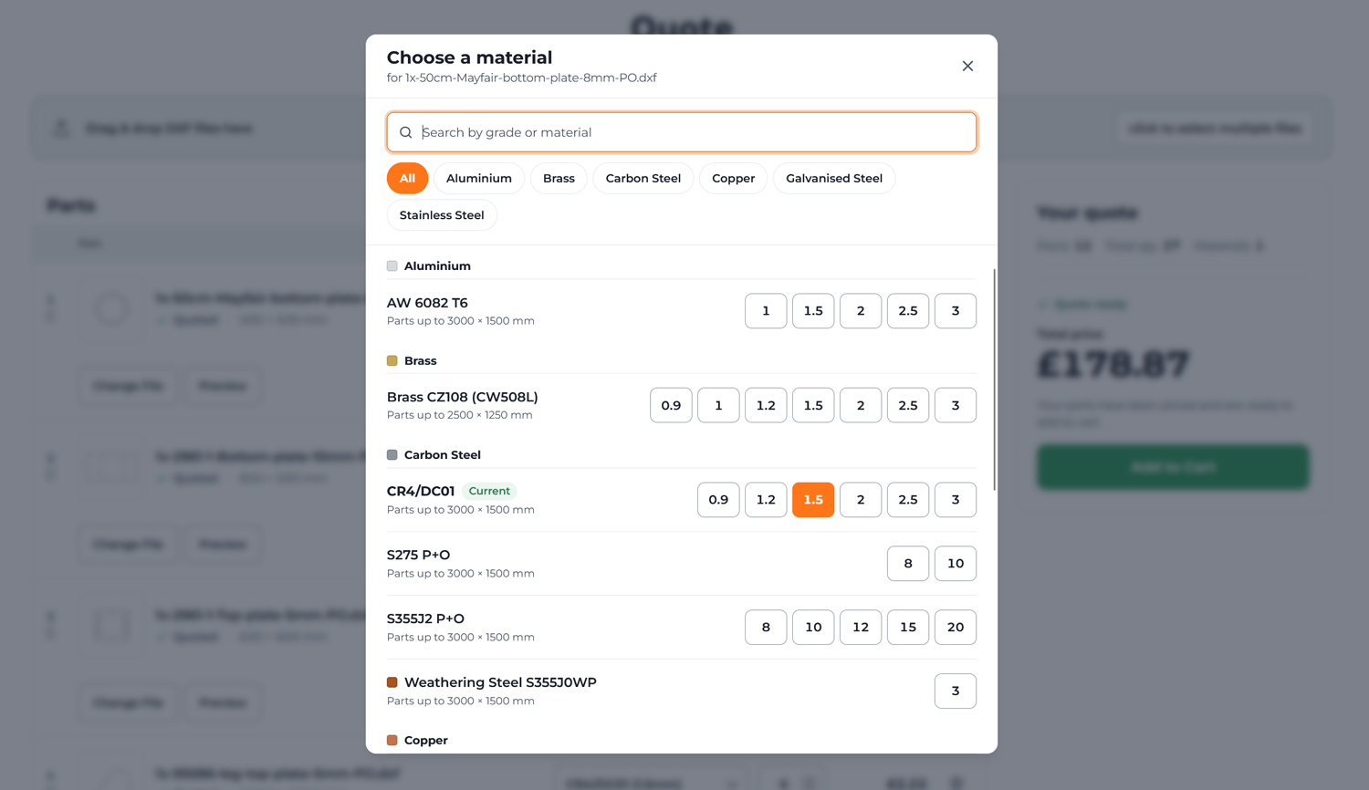 Material selection window allowing customers to search, filter by material type and choose the required grade and thickness.