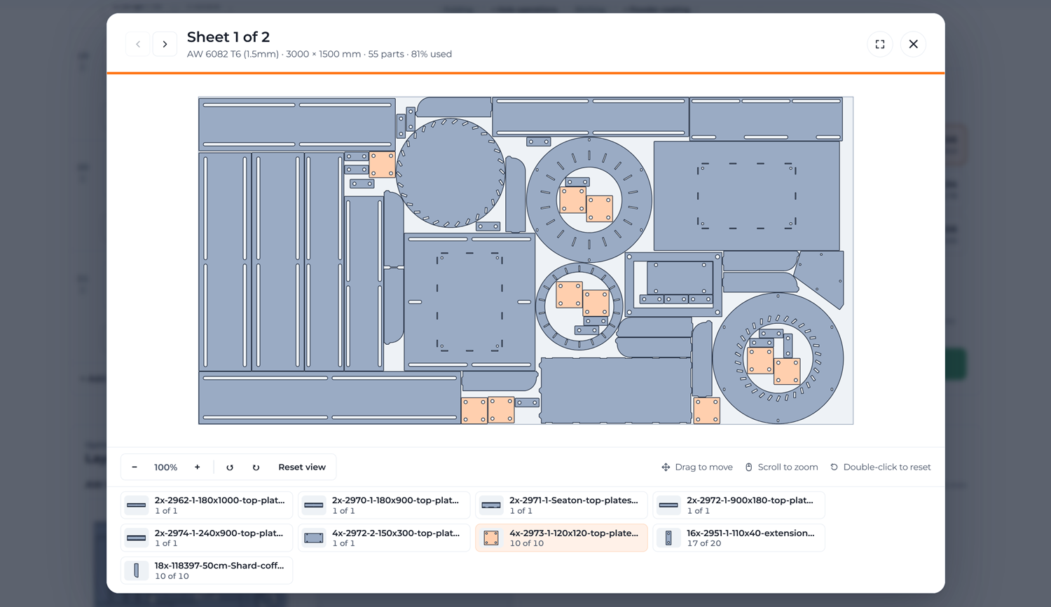 Interactive sheet nesting viewer showing optimised part layouts, sheet utilisation and individual part placements.
