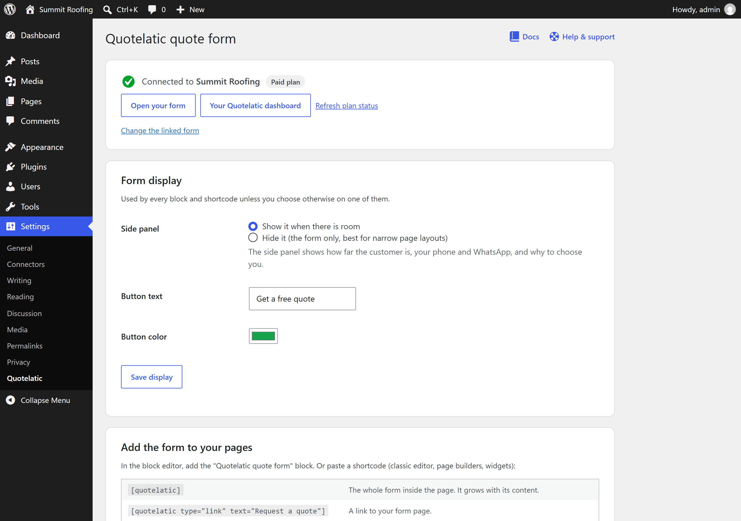 Settings → Quotelatic once connected: side panel, button text and color, and ready-to-copy shortcodes.