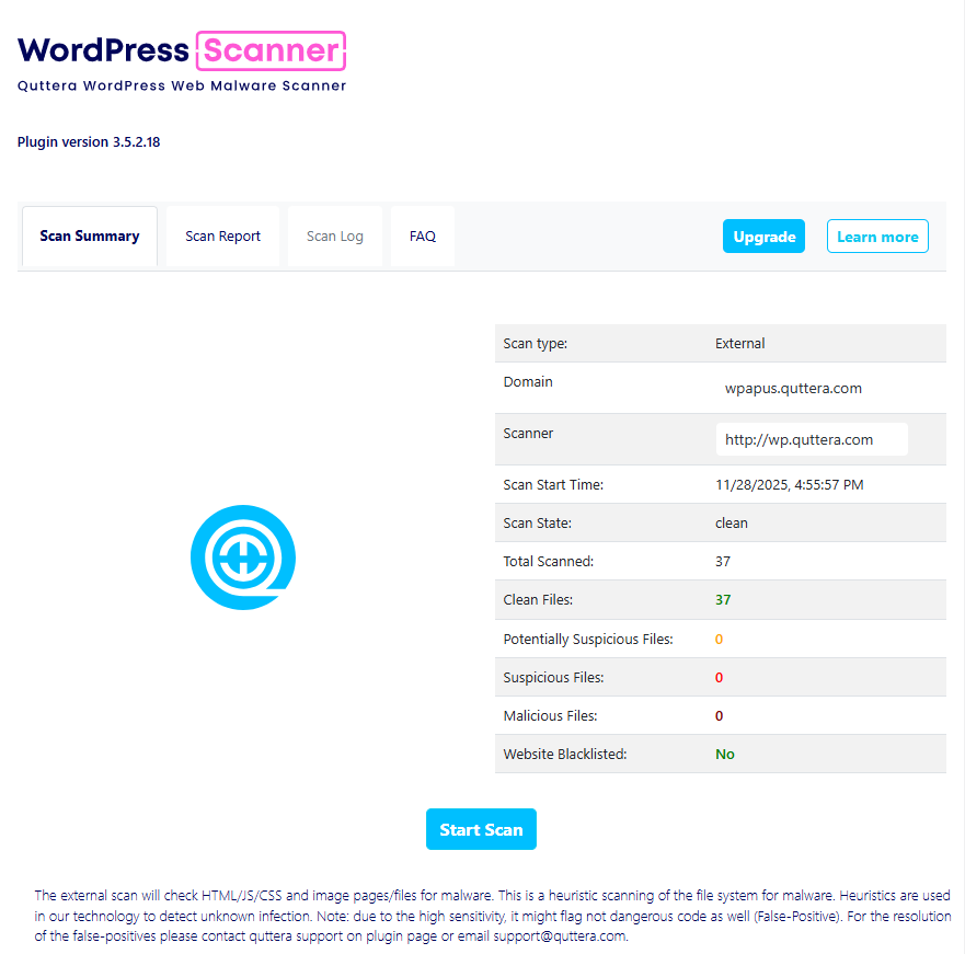 <p>WordPress Malware Scanner dashboard showing external website scan summary and malware detection status.</p>