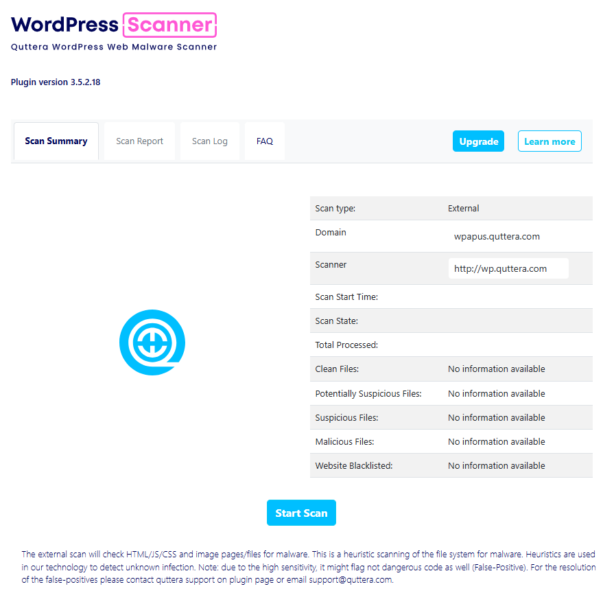 <p>Initial scanner dashboard before a scan is executed, displaying domain and scanner configuration.</p>