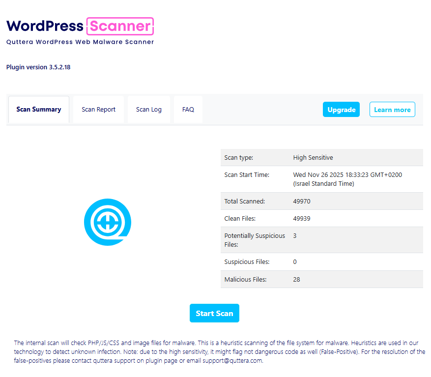 <p>High-sensitivity internal malware scan results showing detected malicious and suspicious files.</p>