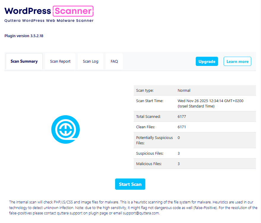 Standard malware scan results summarizing clean, suspicious, and malicious files detected on the website.