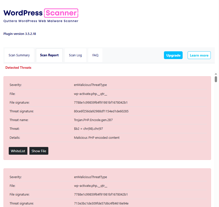 <p>Detailed malware detection report displaying identified threats, file signatures, and malicious code indicators.</p>