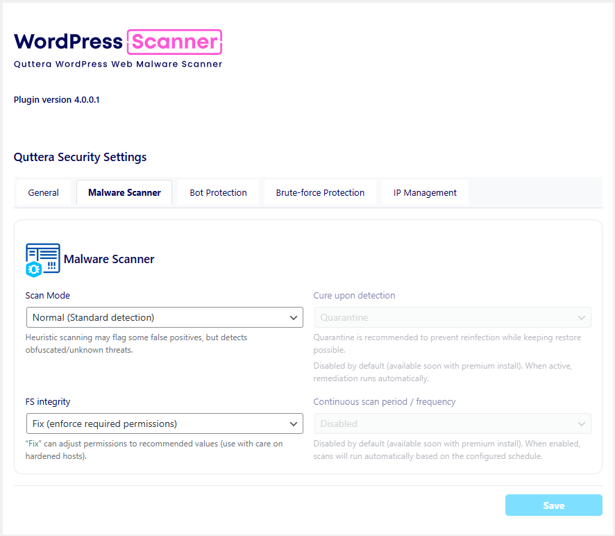 Malware Scanner configuration panel with scan mode selection, file system integrity controls, and scheduled scanning options.
