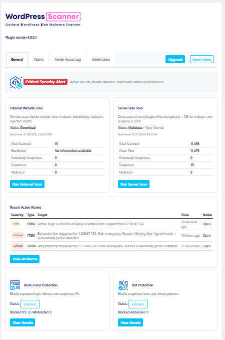 Security dashboard displaying critical security alerts, external website scan results, and server-side malware scan statistics.