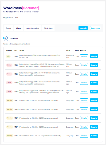 Security alerts panel listing detected bot attacks, security warnings, and active threat notifications.
