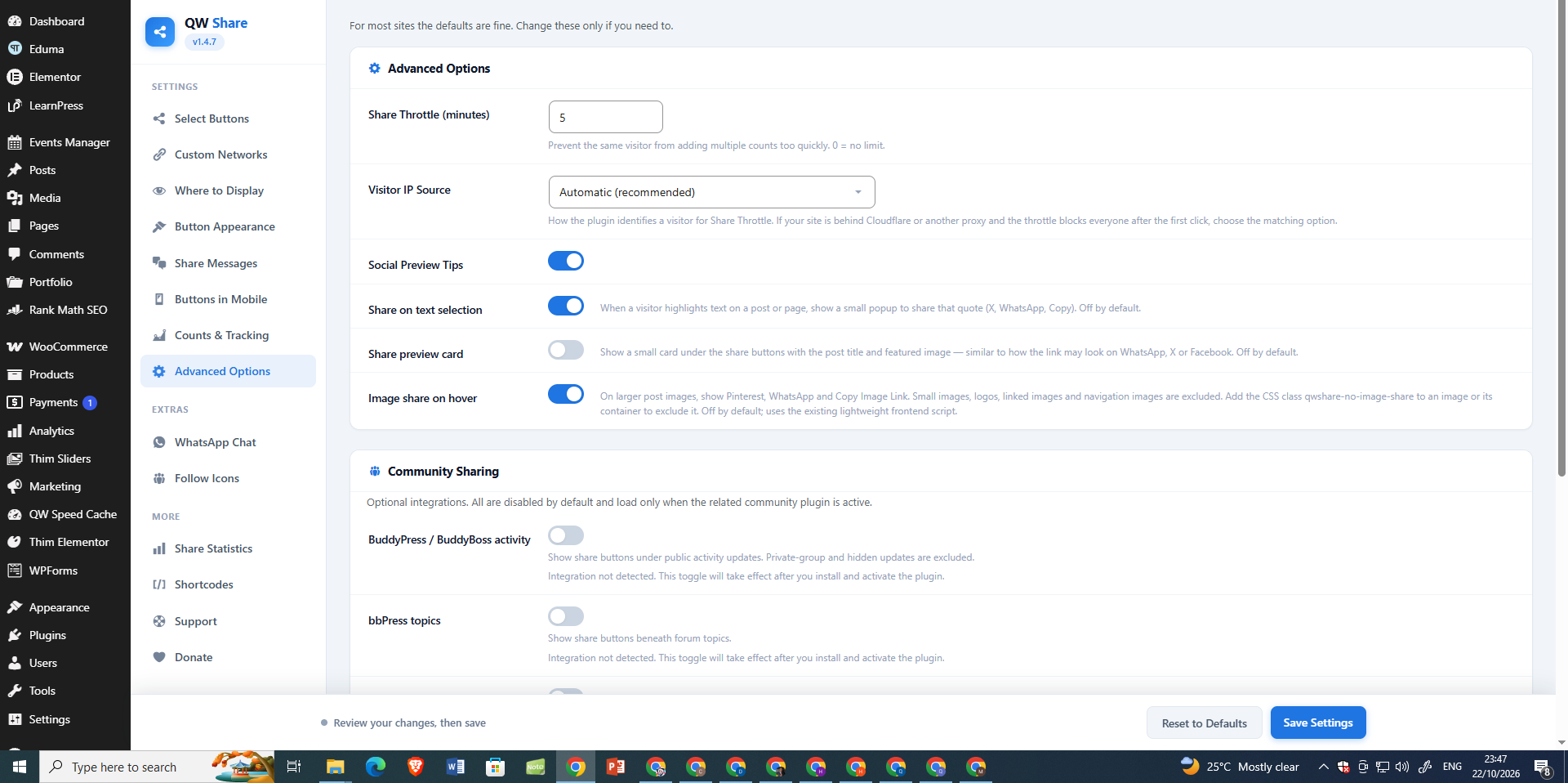 Advanced Options — configure click throttling, text-selection sharing, image-hover sharing, and community integrations.
