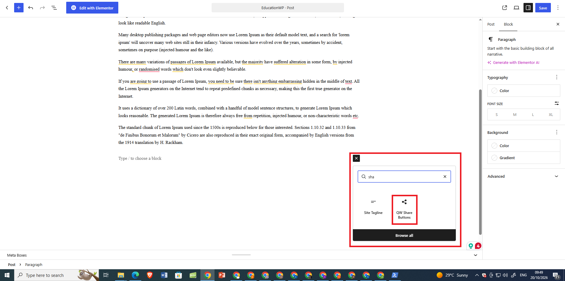 Gutenberg Share Block — insert QW Share Buttons directly into a post or page from the block inserter.