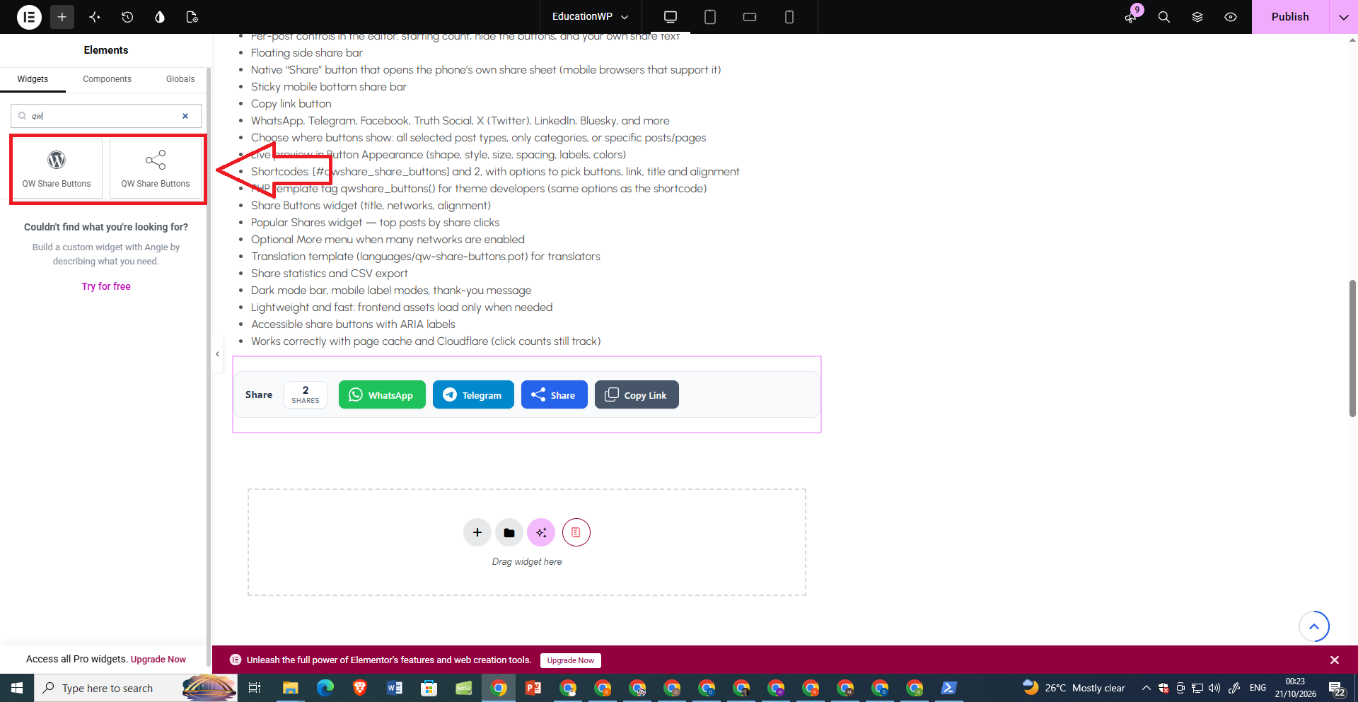 Elementor Integration — insert and preview QW Share Buttons in Elementor layouts.