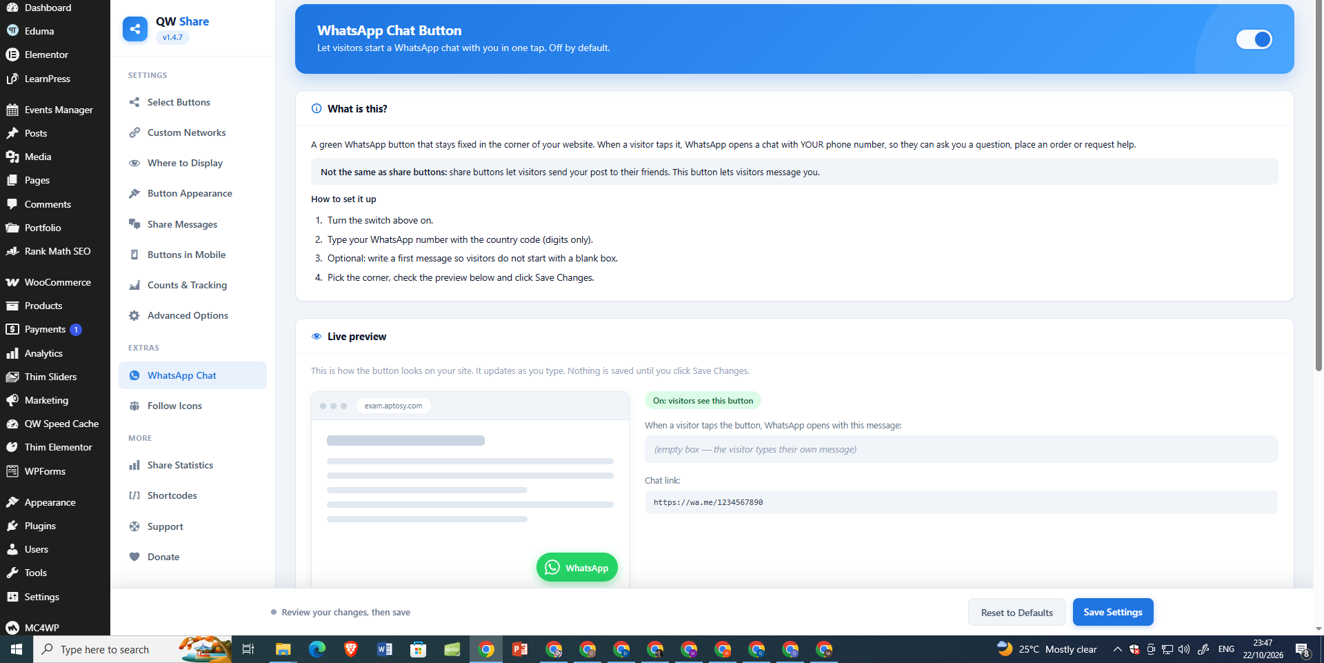 WhatsApp Chat — configure a floating WhatsApp contact button with a live preview.