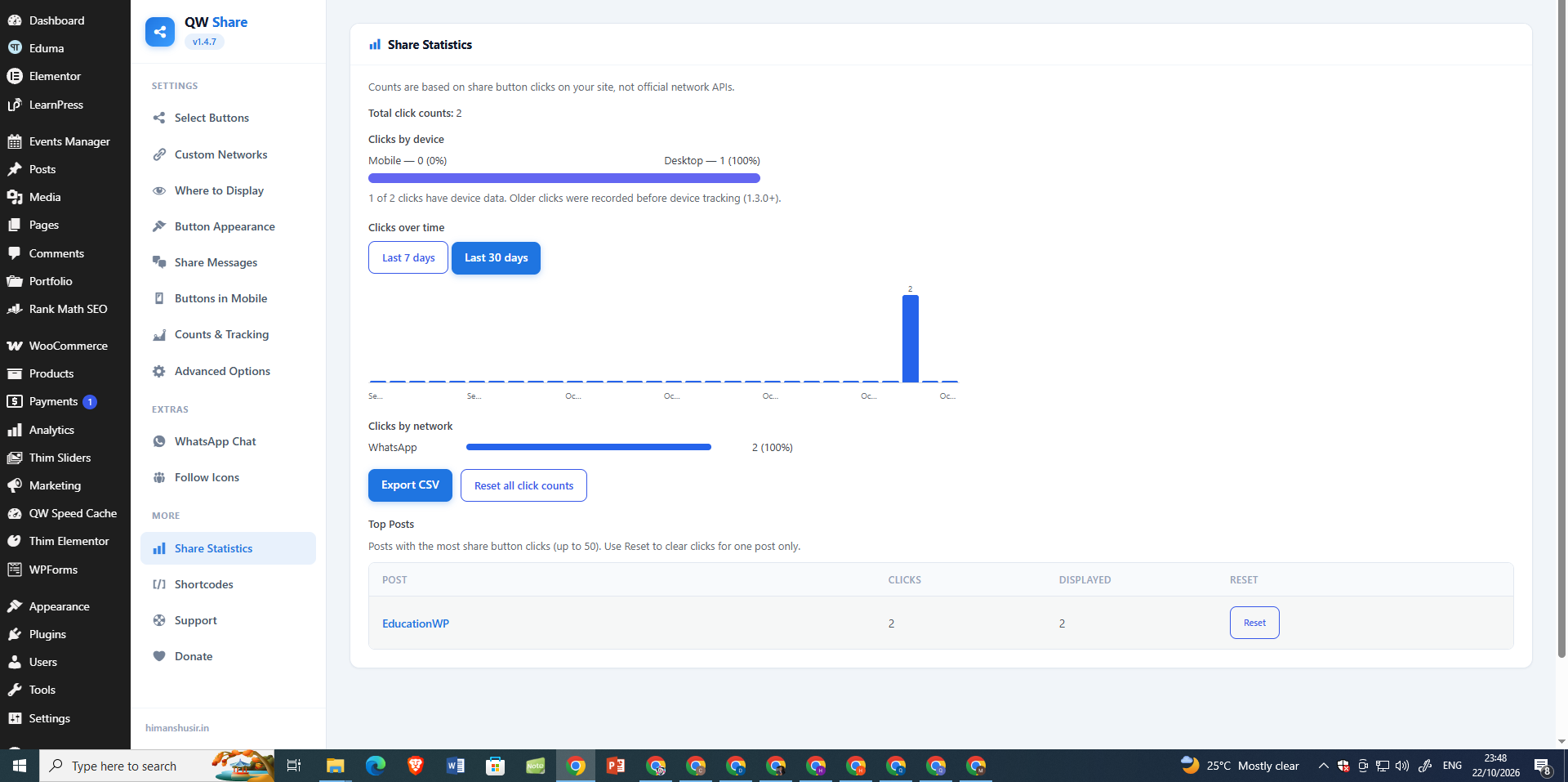 Share Statistics — review clicks over time, devices, networks, and top posts; export CSV reports.