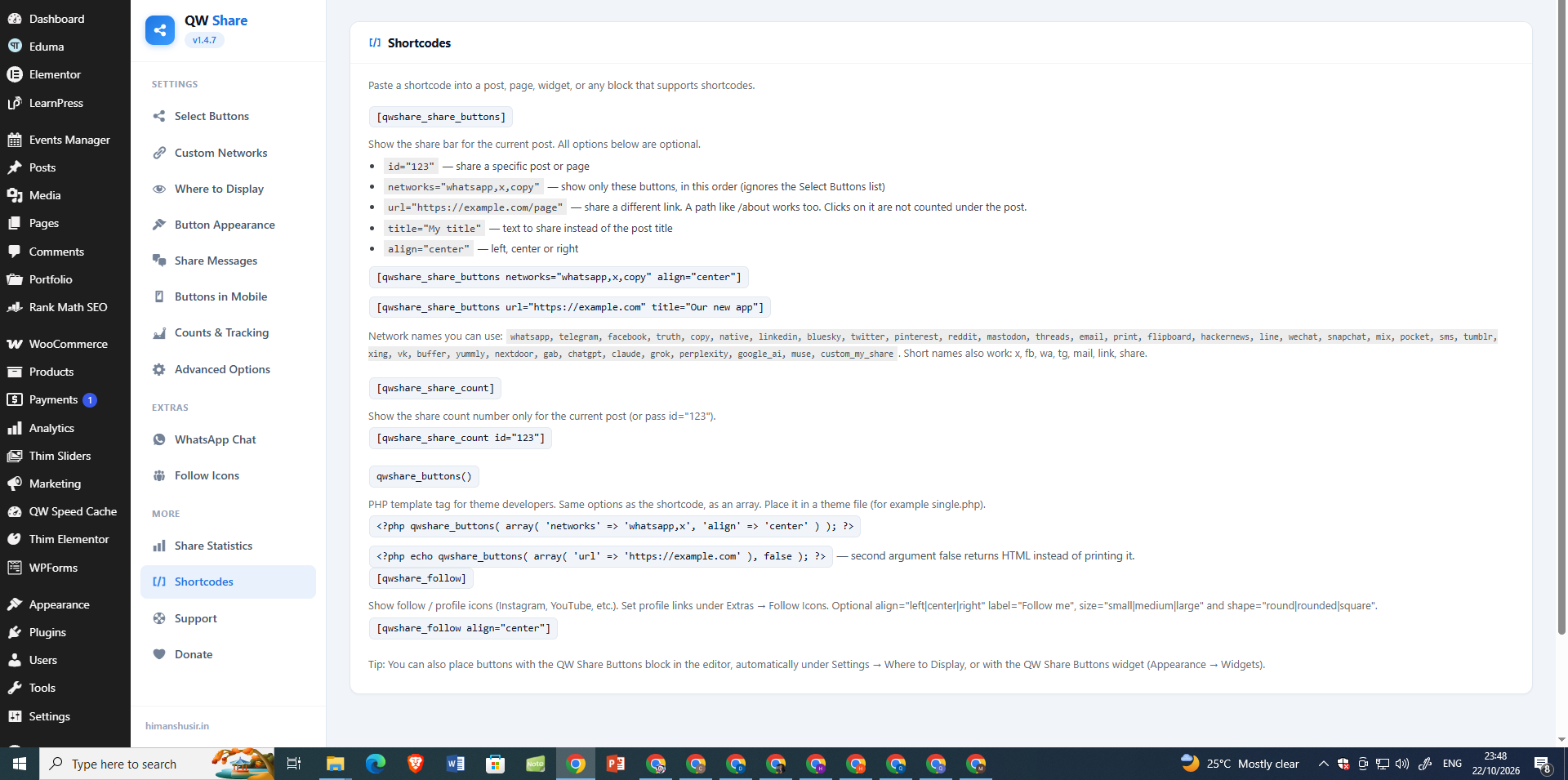 Shortcodes & Template Tags — see examples for sharing buttons, share counts, follow icons, and PHP integration.