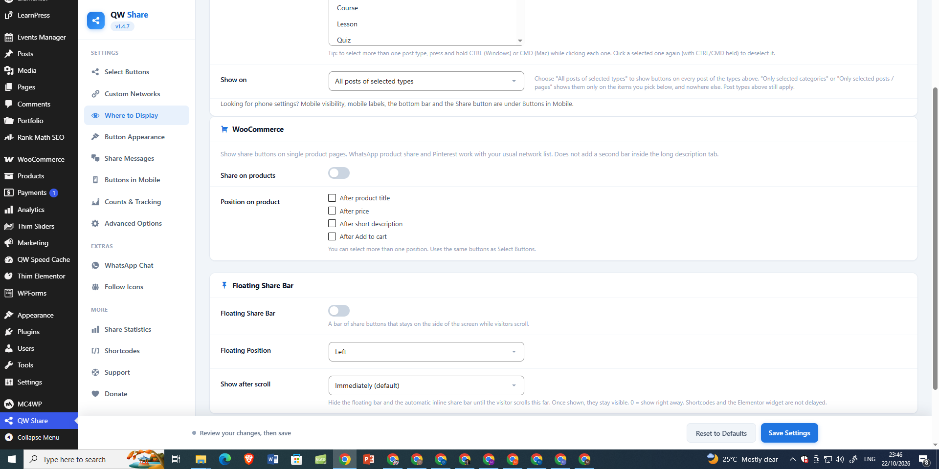 Floating Share Bar — choose the floating bar position and scroll-triggered visibility settings.