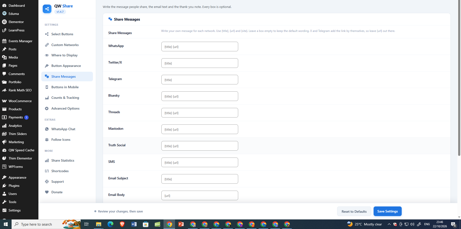 Share Messages — customize sharing text for WhatsApp, X, Telegram, Bluesky, Threads, email, and other services.