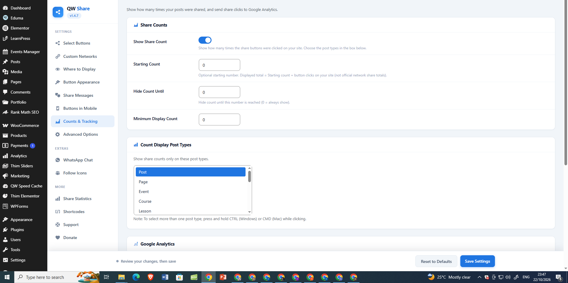 Counts & Tracking — configure click-based share counts, starting counts, visibility thresholds, and post types.