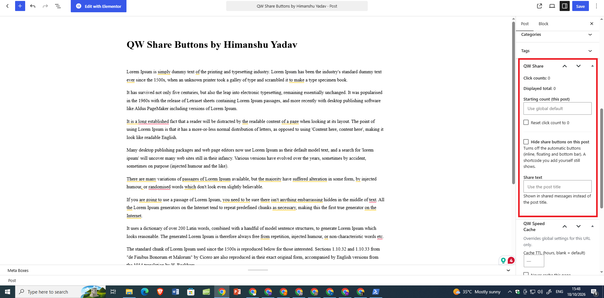 Gutenberg Post Controls — manage per-post share counts, custom share text, and automatic button visibility in the block editor.