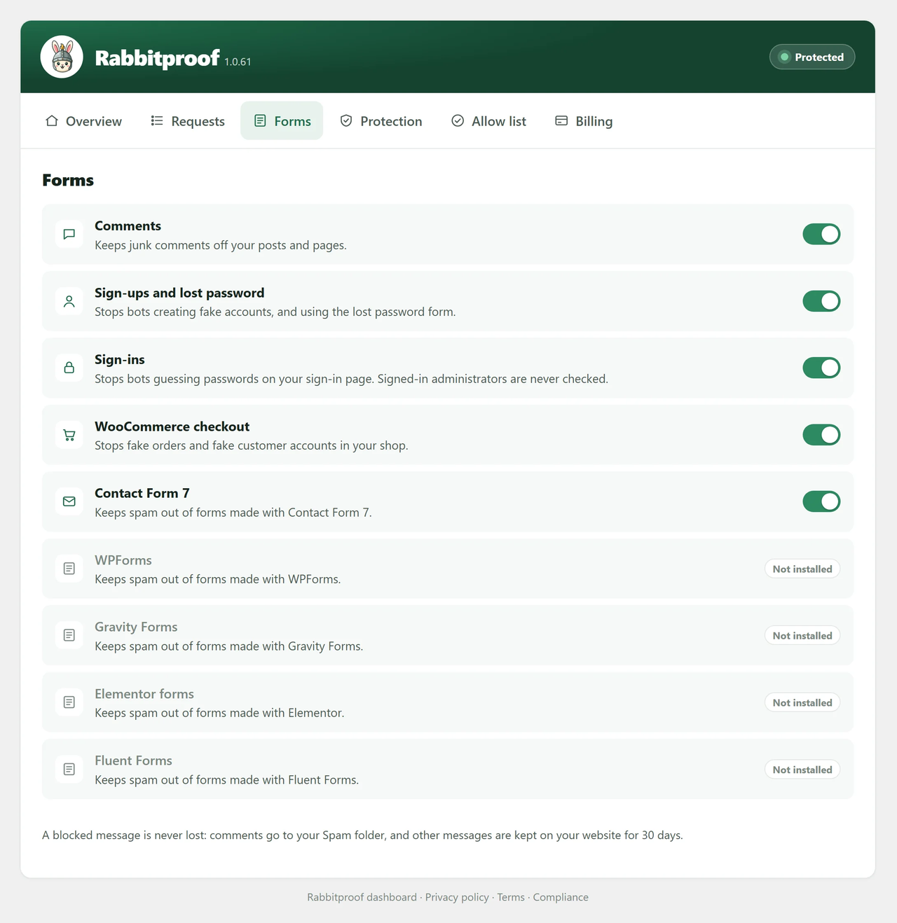 Forms: a switch for each kind of form.
