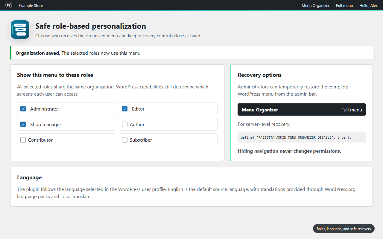 Role selection, visibility controls, separators, and safe recovery options.