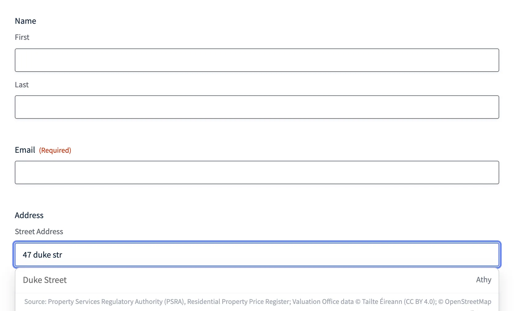 The form: the Address field completes while the visitor types, with the register source at the bottom of the popup.