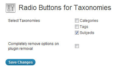 A página de configurações onde você define quais taxonomias terão botões de rádio.