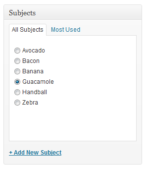 Assim que a caixa de taxonomias vai aparecer na tela de edição de posts.