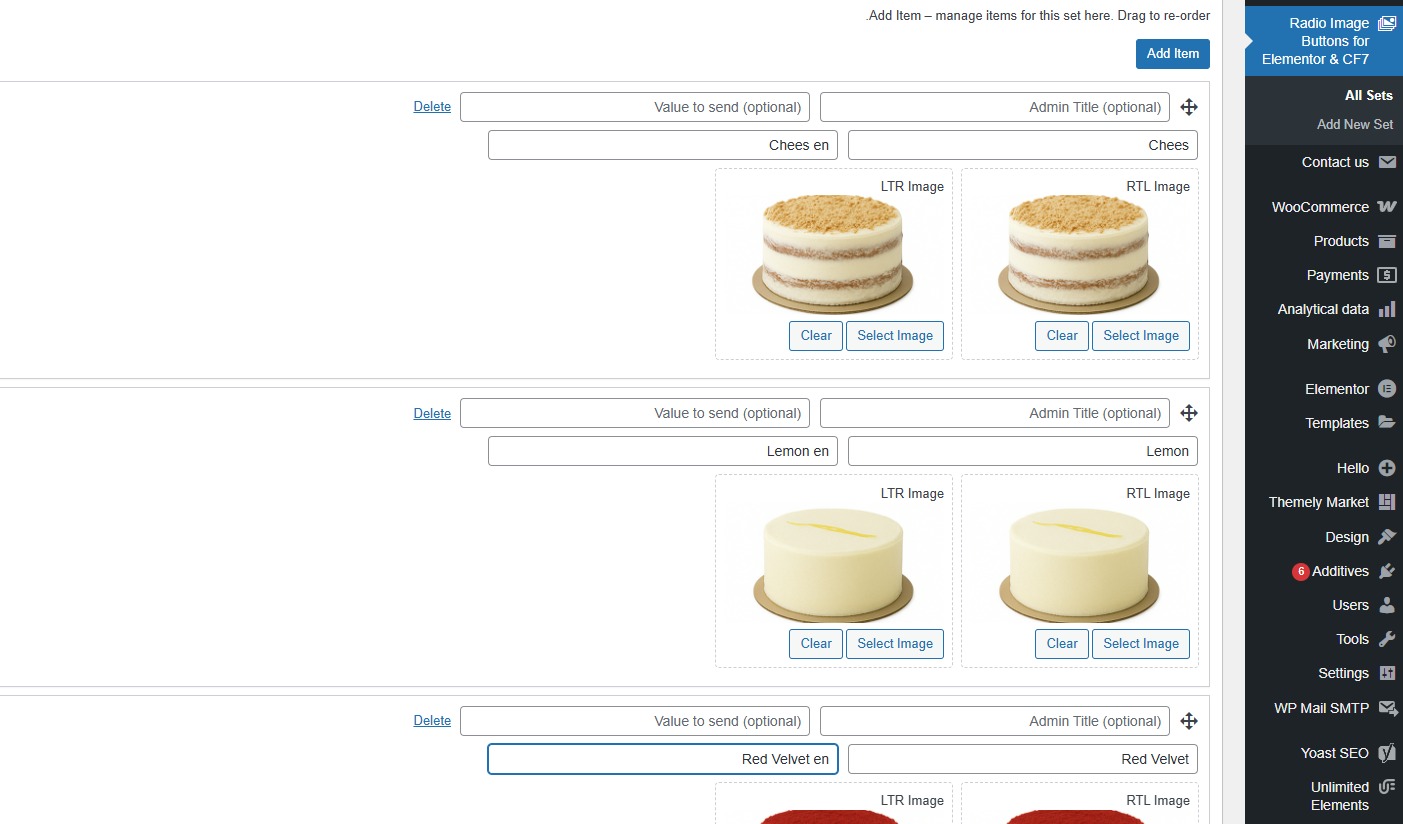 Admin set editor: add items with RTL/LTR labels and images.