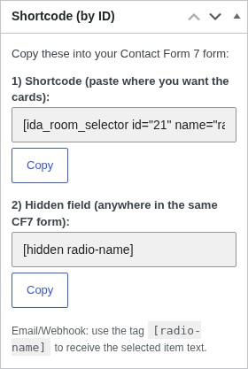 Copy the set shortcode and hidden-field tag directly from the set editor.